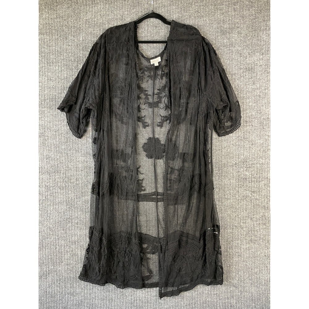 Whimsigoth Boho Goth Black Lace Kimono Duster Plus Size 2X Floral Sheer C39